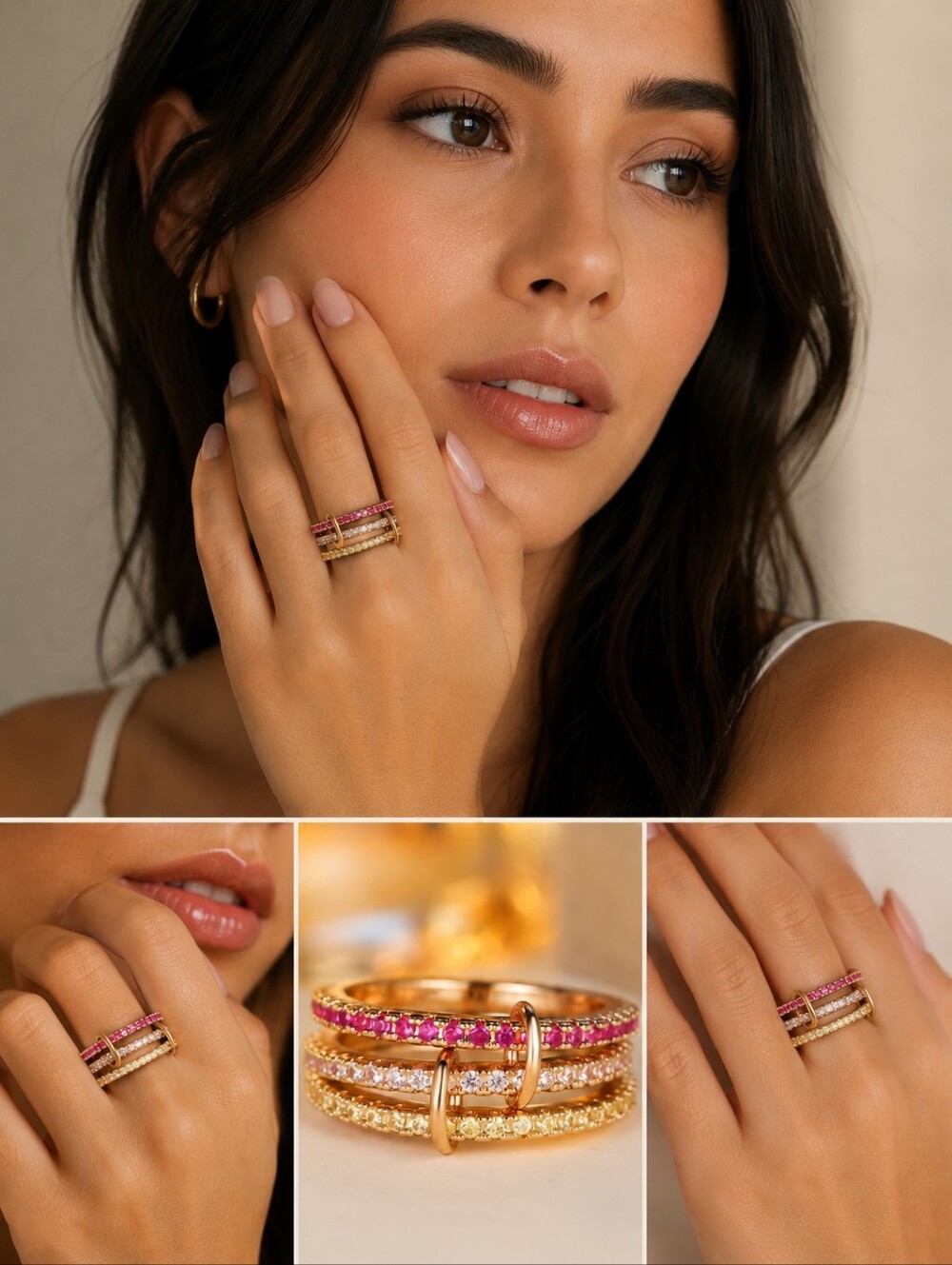 Gold Stacked Ring Set with Pink and Clear Gemstones SIZE 6